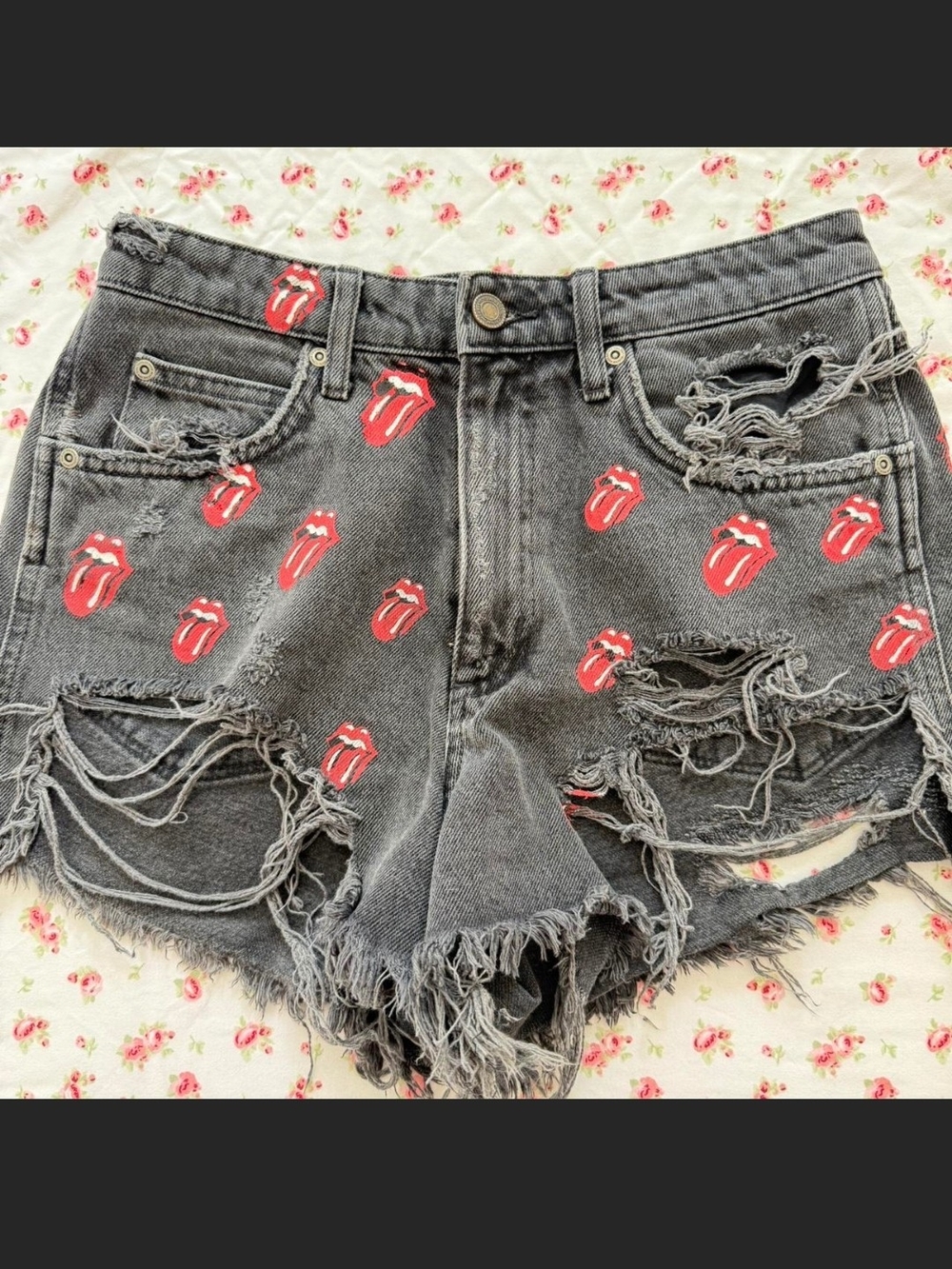 Zara Black Rolling Stones Distressed Denim Shorts with Red Tongue Print